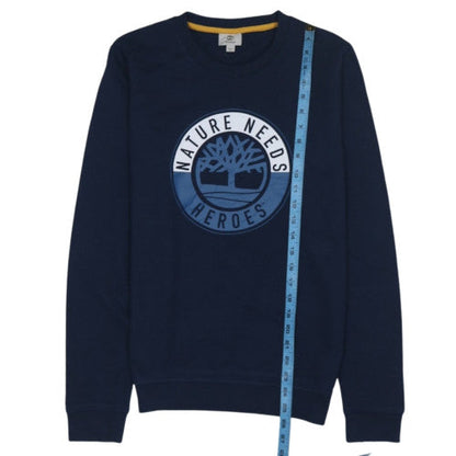 Close-up detail of Timberland boys’ navy blue crew neck graphic print sweatshirt 16/17 years m
