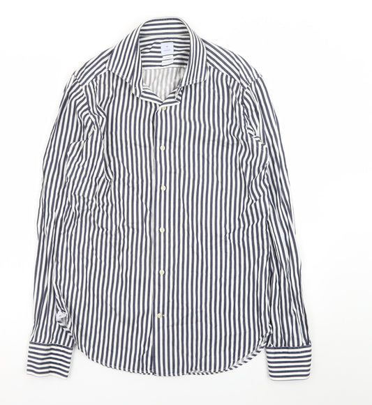 Bonser Men's Blue White Striped Slim Fit Cotton Long Sleeve Shirt 15.5in