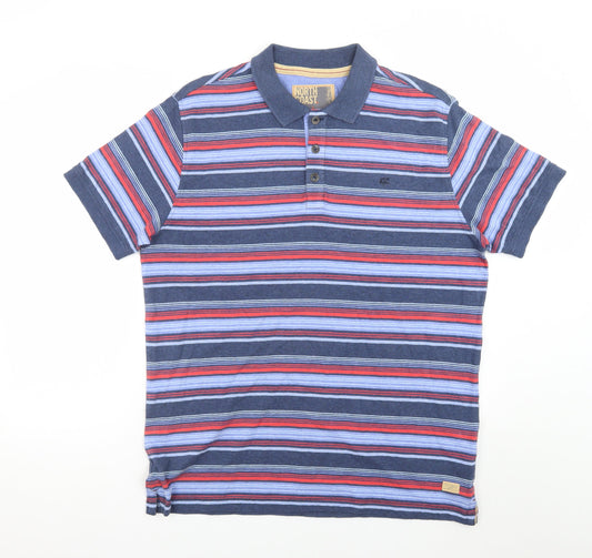 Marks and Spencer Men's Multicoloured Striped Cotton Polo Shirt L