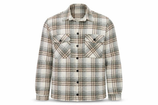 boohooMAN Men's Beige Check Flannel Shirt Jacket Medium Regular Fit
