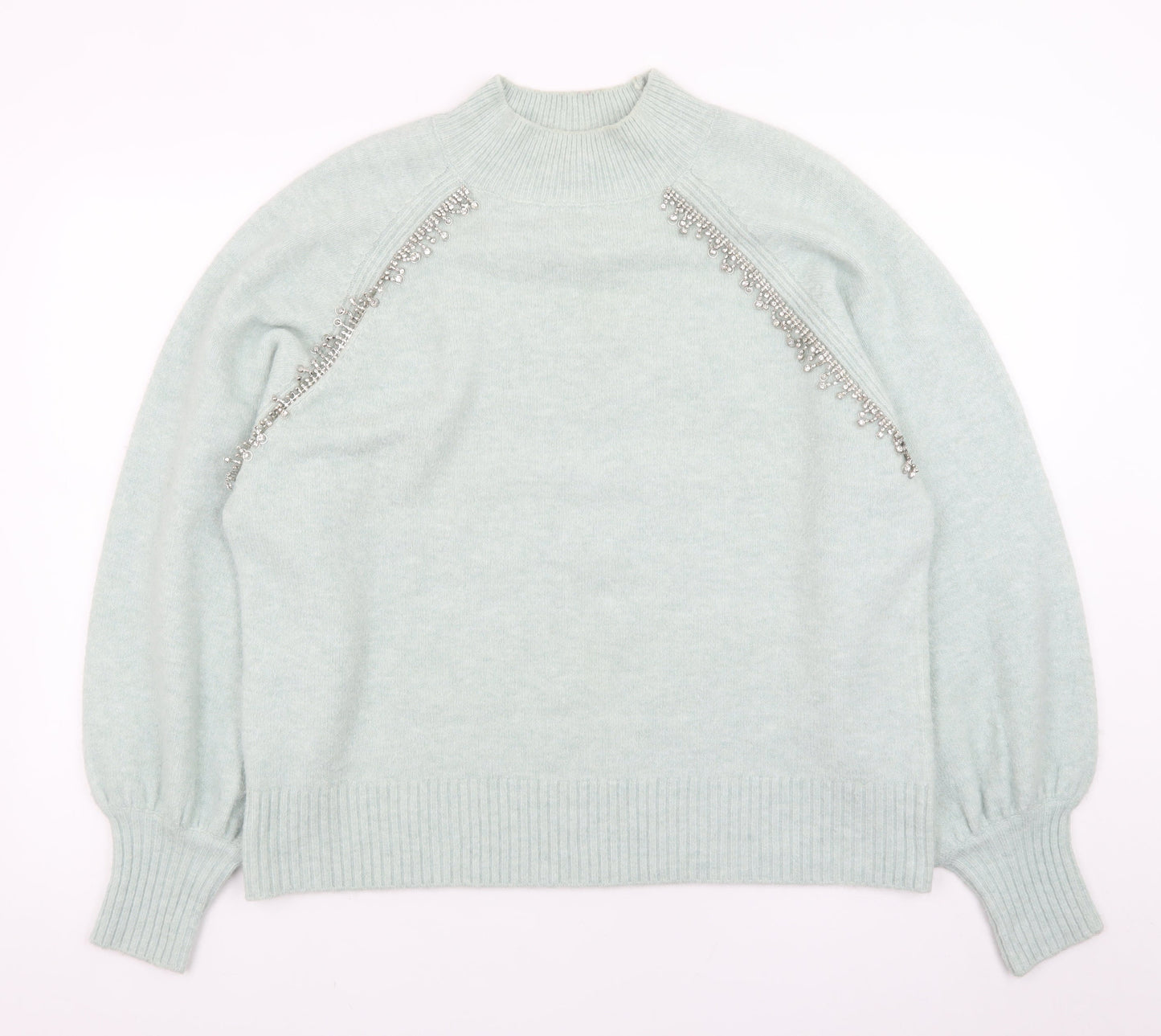 River Island Women's Green Beaded Mock Neck Jumper UK 14