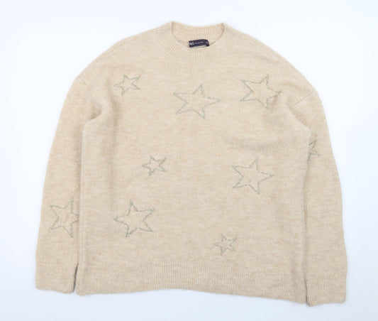 Marks and Spencer Women Beige Star Embroidered Pullover Jumper Size M