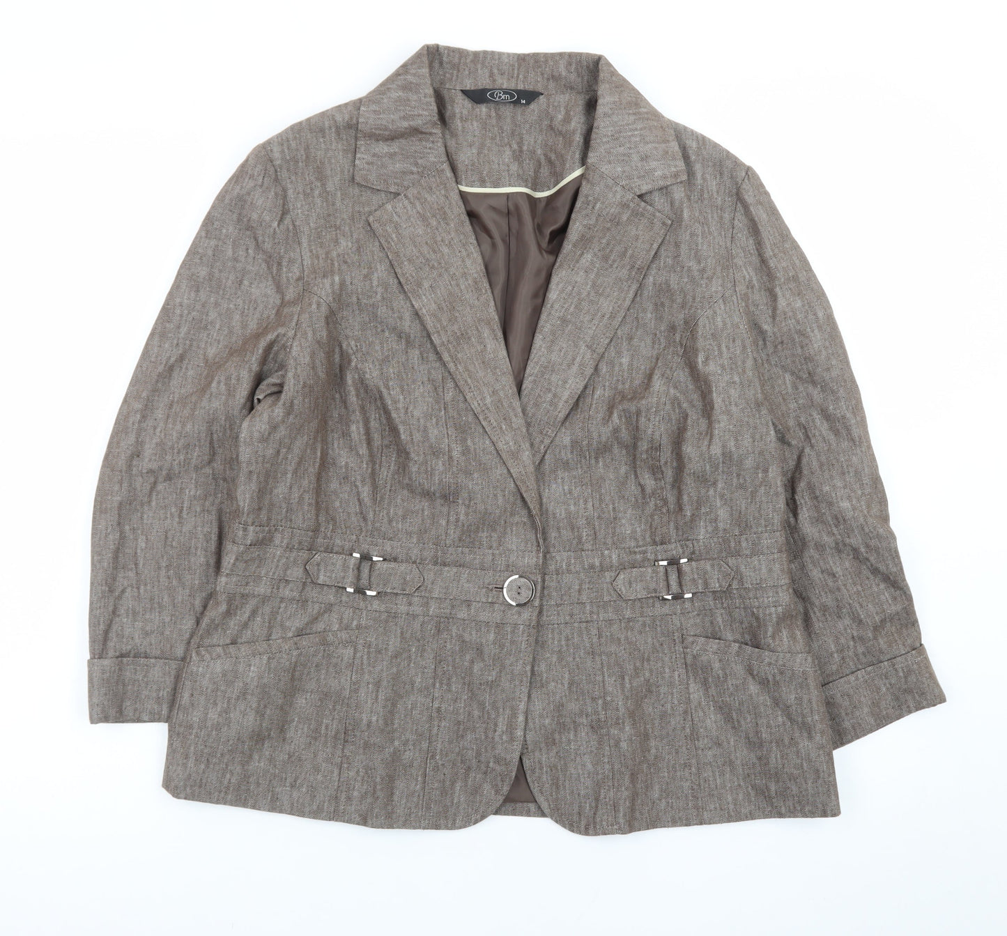Bm Women’s Brown Linen Blend Blazer Jacket Size 14 Classic Style