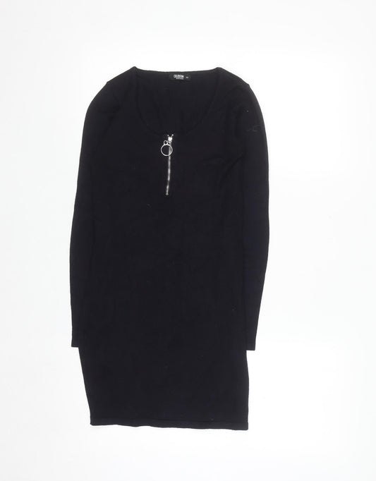 Colloseum Women Black XS Bodycon Knit Dress with Zip Detail