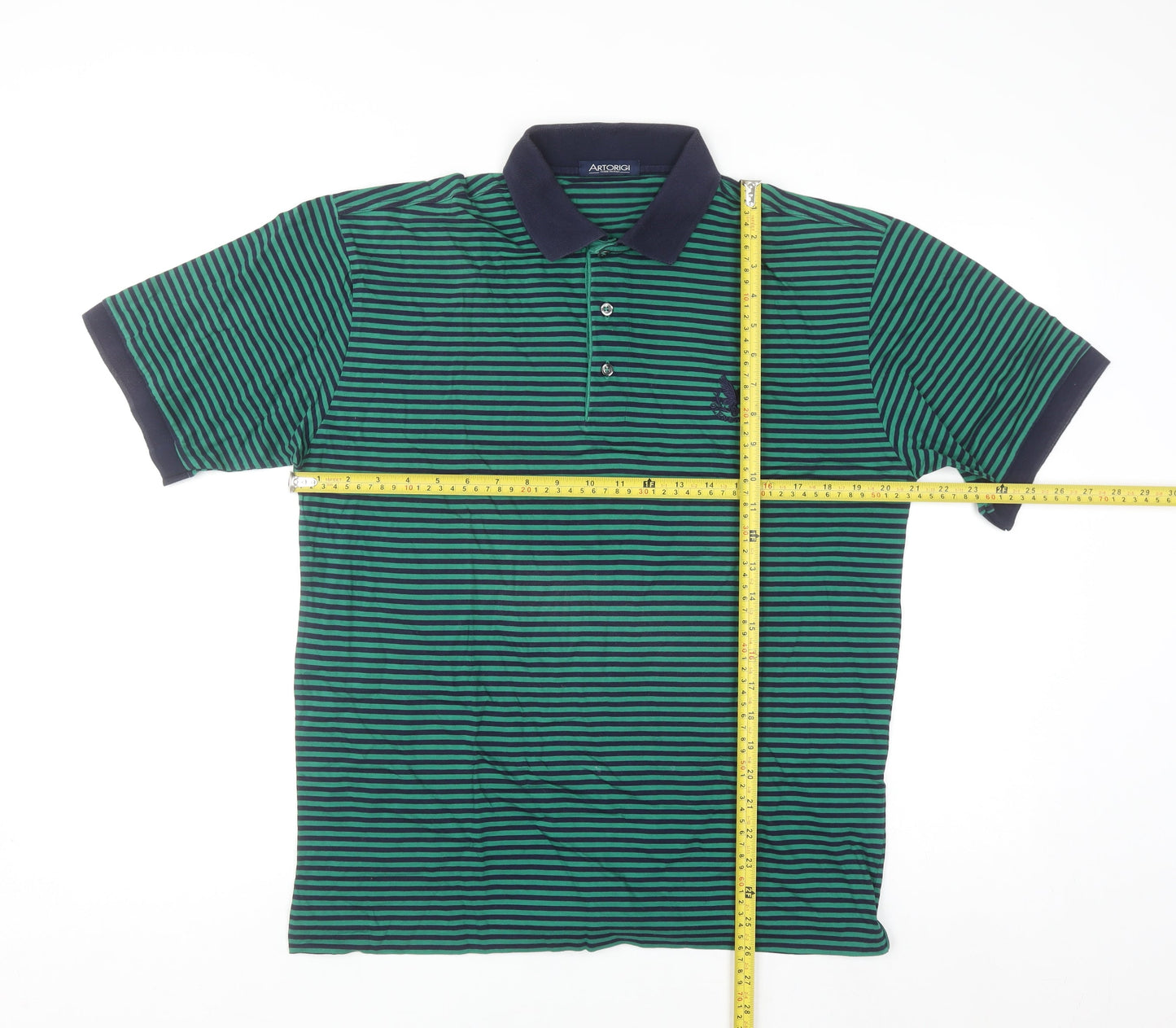 Artorigi Men's Green Striped Cotton Polo Shirt Size S