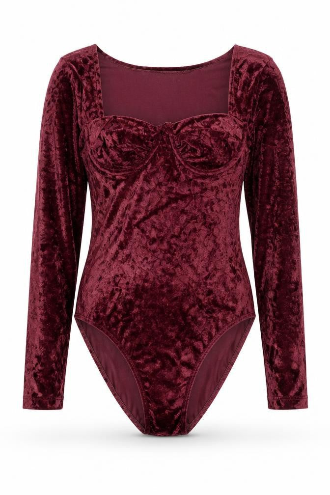 Intimate Details Women's Red Velvet Long Sleeve Bodysuit Size S