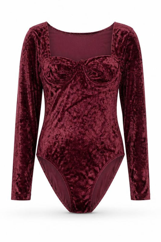 Intimate Details Women's Red Velvet Long Sleeve Bodysuit Size S