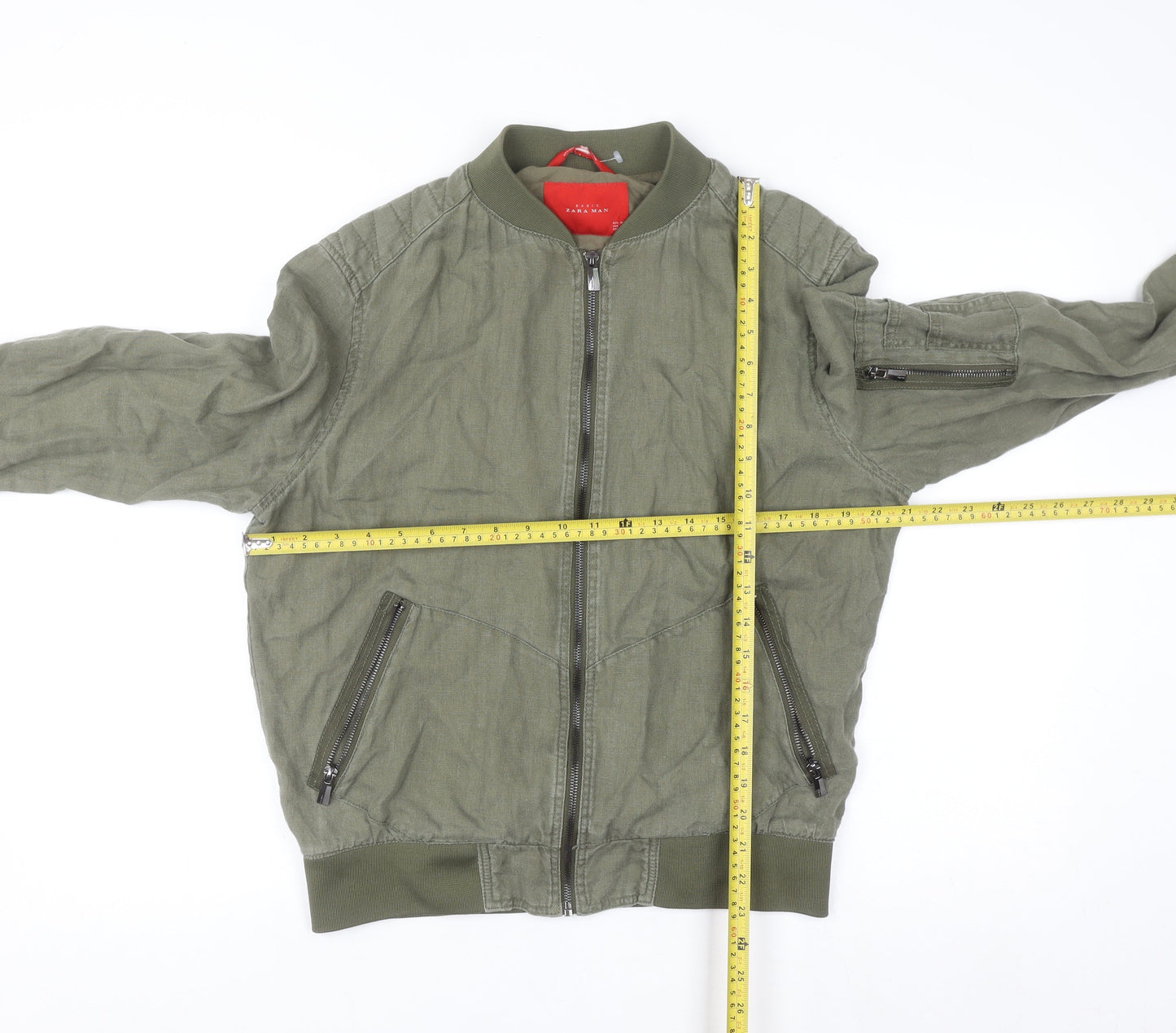 Zara Man Green Linen Bomber Jacket Men’s M Regular Fit