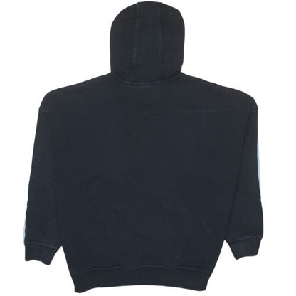 Brand and care label for Adidas women’s black pullover hoodie, size UK 8, cotton blend 3-stripes