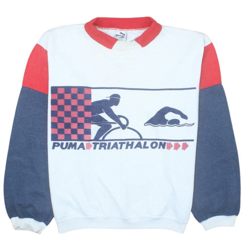 Puma Mens White Triathlon Graphic Collared Sweatshirt M Vintage