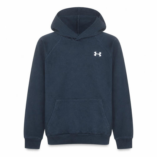 Front view of Under Armour boys’ navy blue pullover hoodie, size 13-14, years fleece cotton