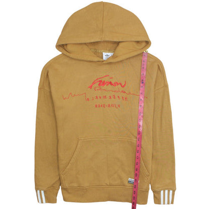 Back view of Adidas women’s camel hoodie, size UK 8, tan pullover hooded sweatshirt