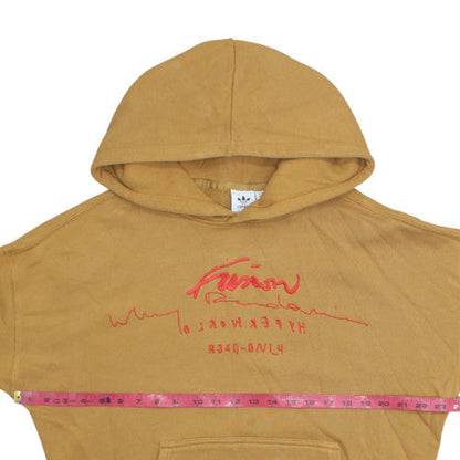 Close-up detail of Adidas women’s camel hoodie, size UK 8, tan pullover hooded sweatshirt