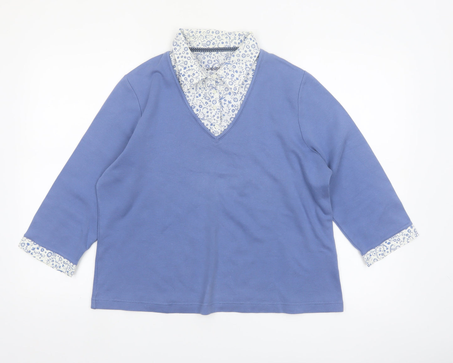 Dash Women Blue V-Neck 3/4 Sleeve Cotton Blend Blouse Size 16