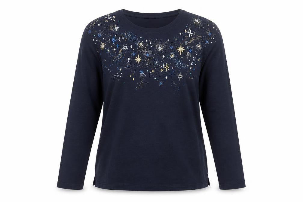 ISLE Women's Blue Star Embellished Long Sleeve Cotton T-Shirt Size 14