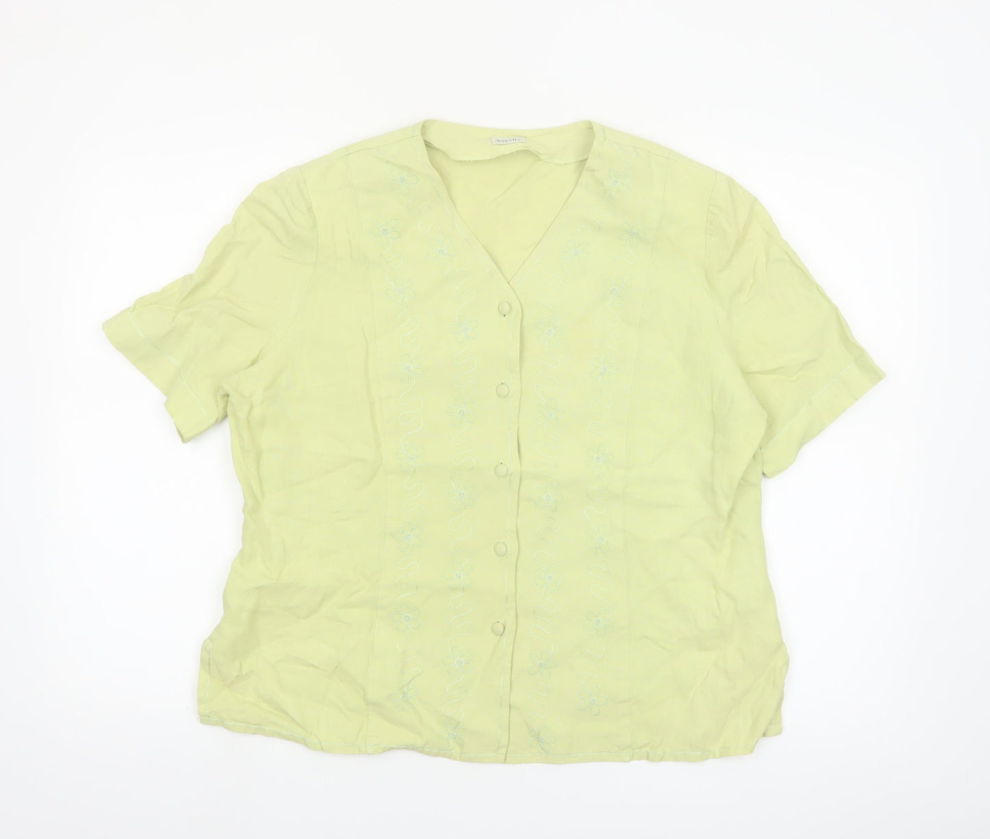 Viyella Women's Green Linen Short Sleeve Embroidered Blouse Size 14