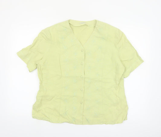 Viyella Women's Green Linen Short Sleeve Embroidered Blouse Size 14