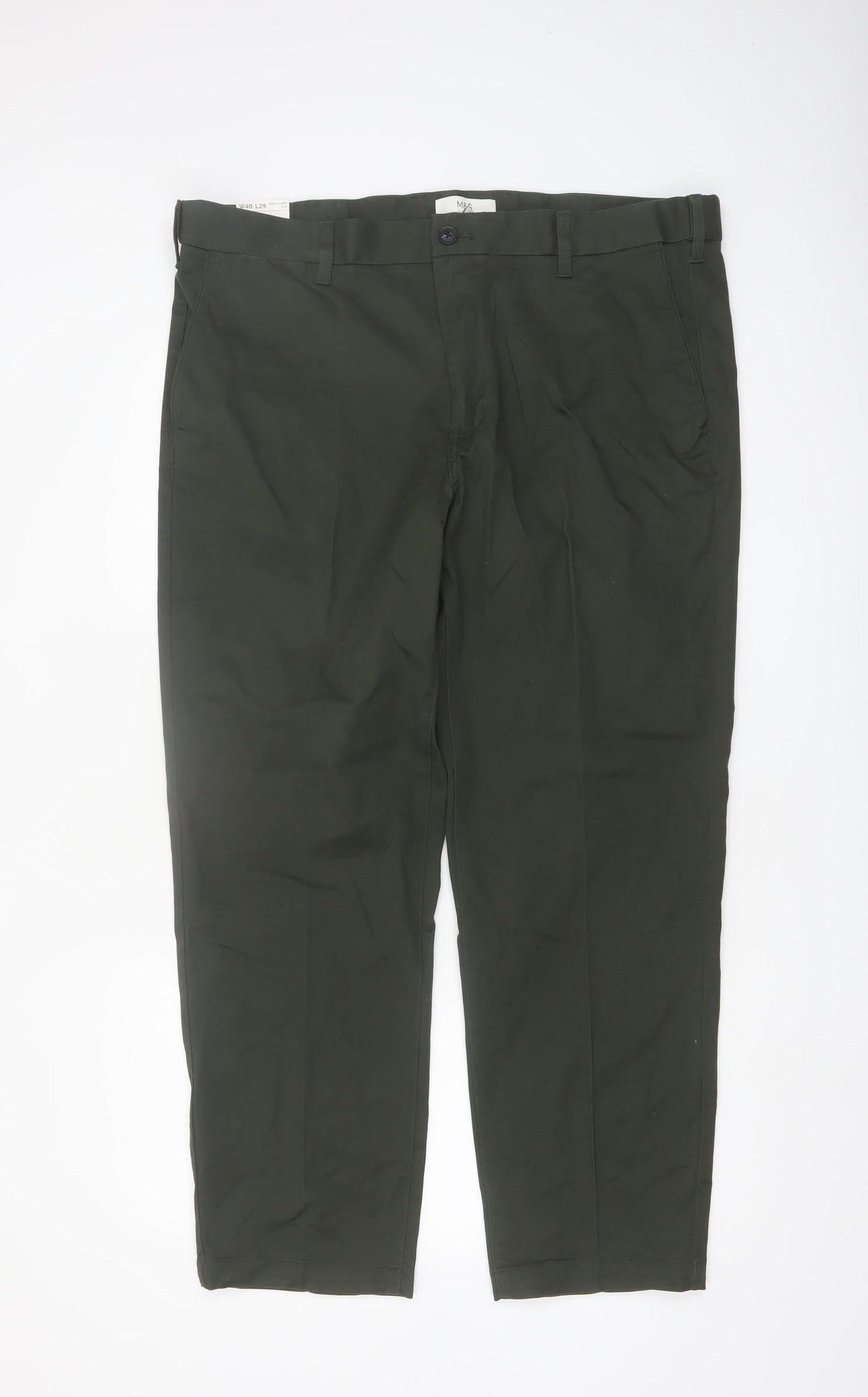 Marks and Spencer Men's Green Regular Fit Stretch Chino Trousers 40x29