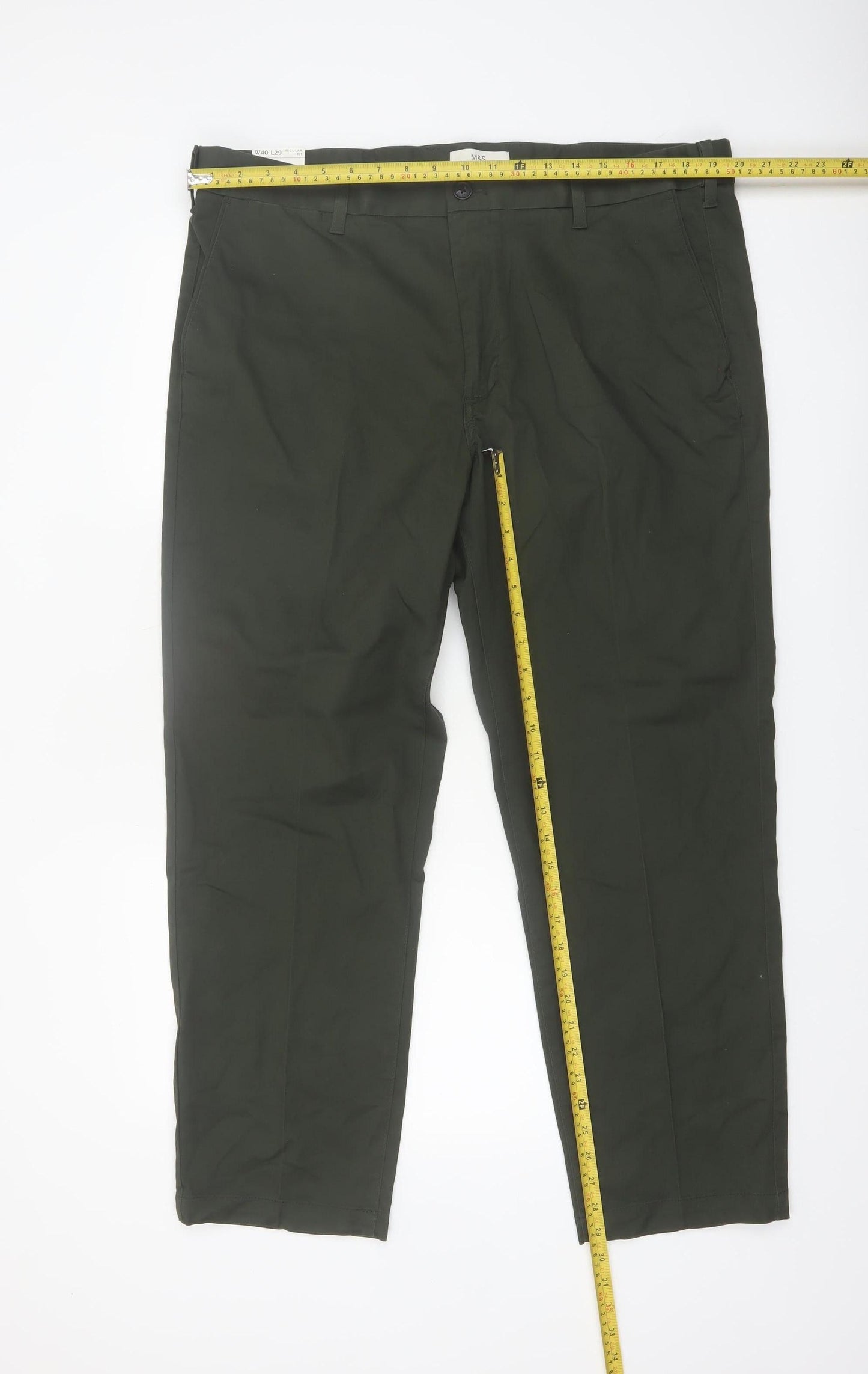 Marks and Spencer Men's Green Regular Fit Stretch Chino Trousers 40x29