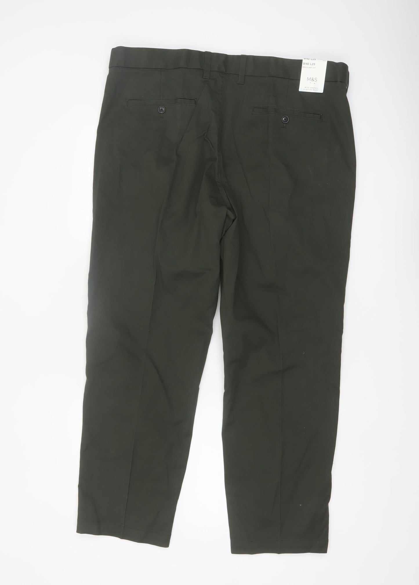 Marks and Spencer Men's Green Regular Fit Stretch Chino Trousers 40x29