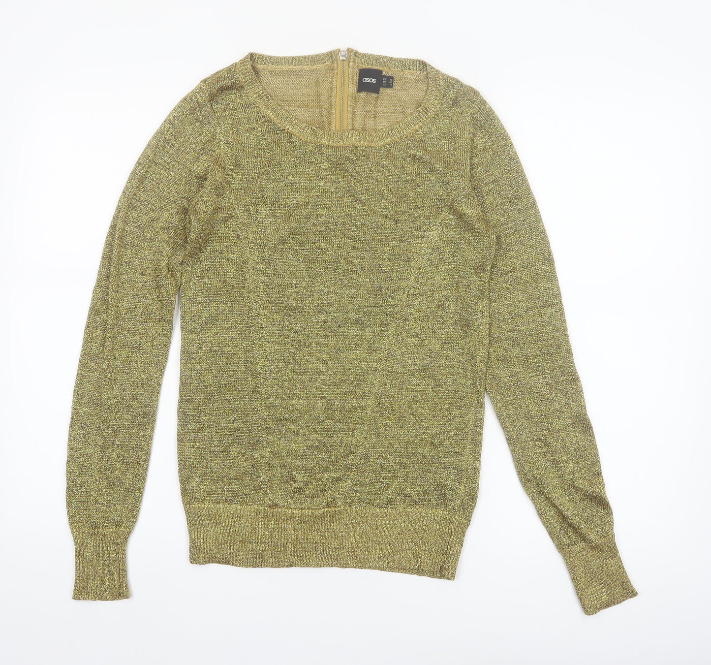 ASOS Women Gold Metallic Knit Jumper Size 12 Round Neck Long Sleeve