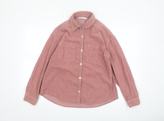 ZARA Women Pink Corduroy Button-Up Shirt XS