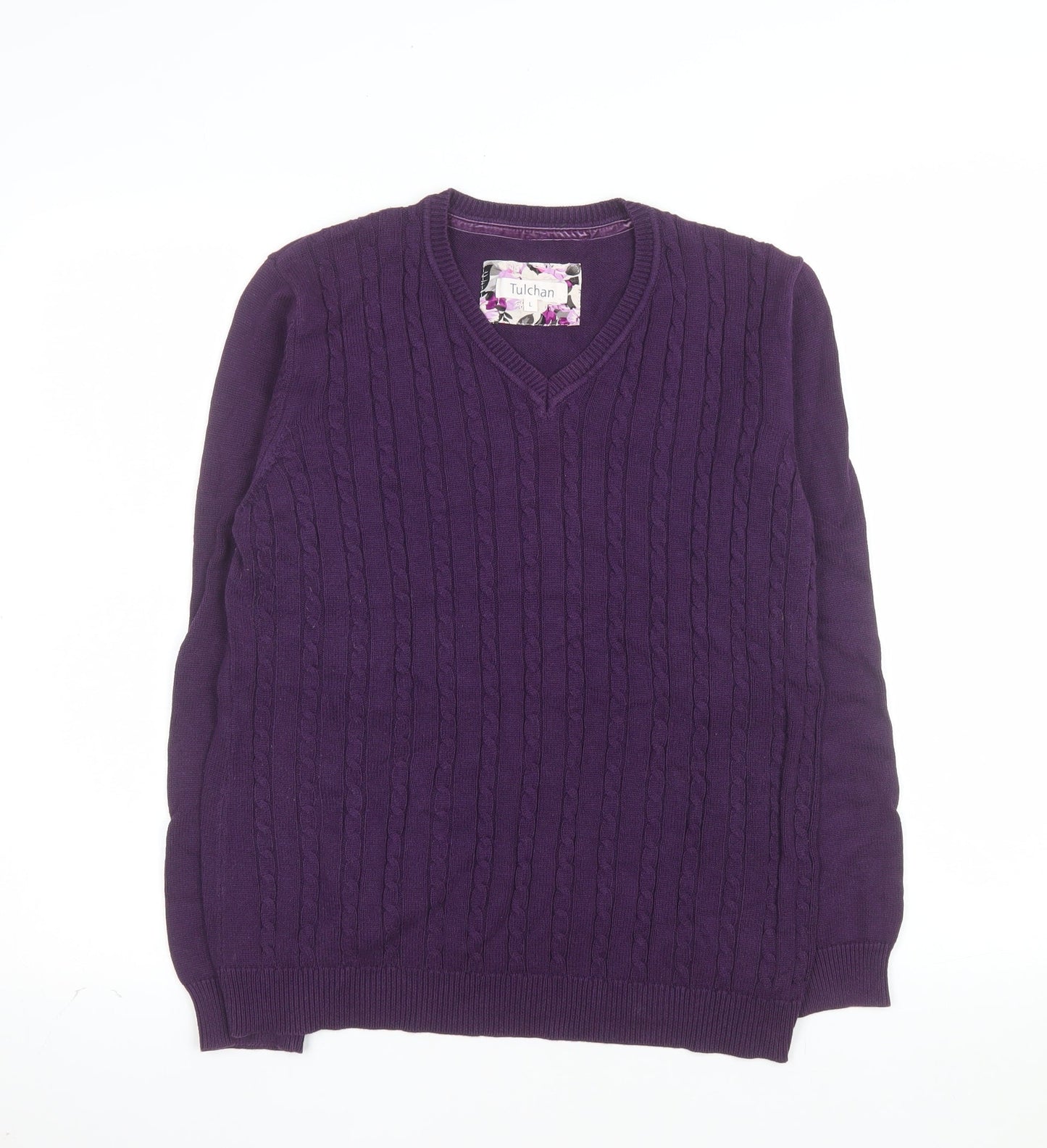 Tulchan Womens Purple Cotton Cable-Knit V-Neck Jumper Size L