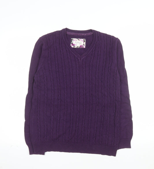 Tulchan Womens Purple Cotton Cable-Knit V-Neck Jumper Size L