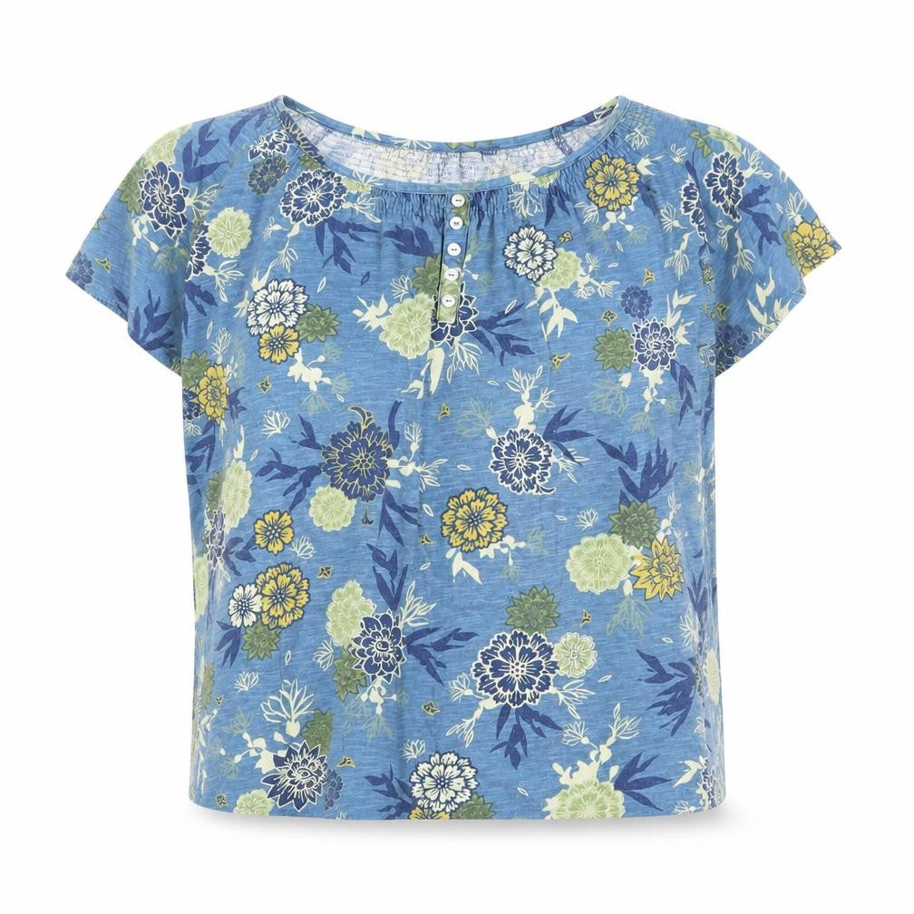 Isle Essentials Women's Blue Floral Cotton Short Sleeve T-Shirt Size 18-20