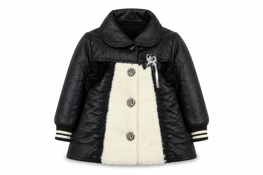 Pakpao Girls Black Faux Leather & Fur Mid-Length Coat Size S