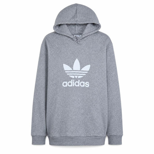Front view of Adidas women’s grey hoodie pullover, size S, trefoil logo casual