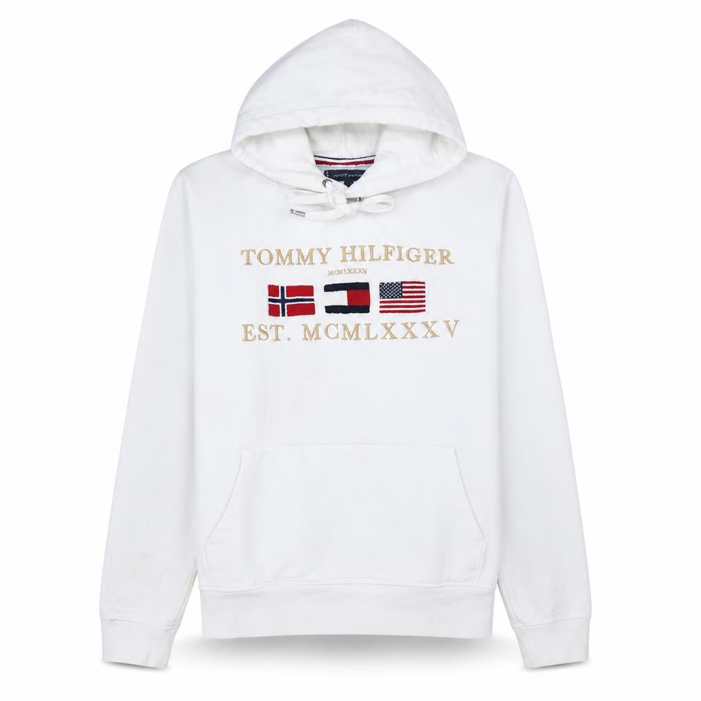 Tommy Hilfiger Mens White L Pullover Hoodie Embroidered Logo Cotton Blend