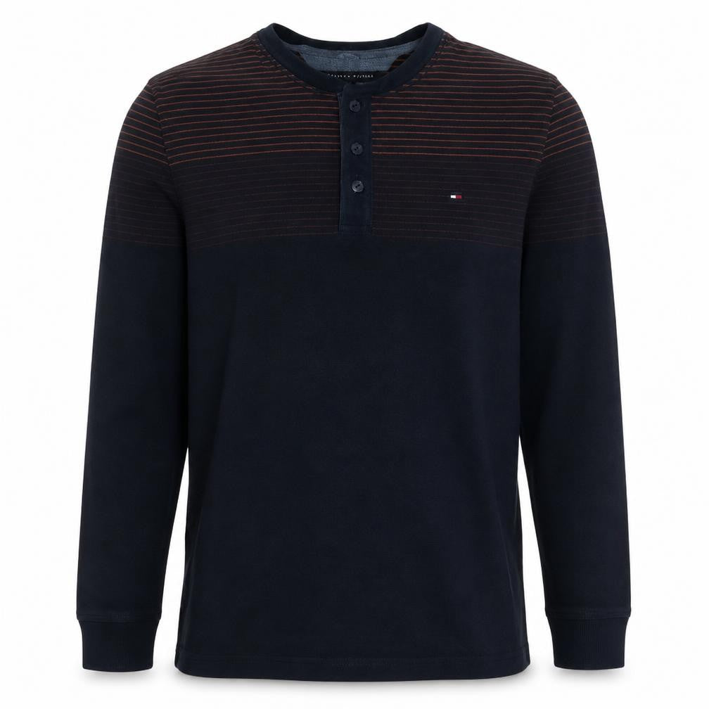 Tommy Hilfiger Men's Blue Stripe Henley Cotton Jumper L