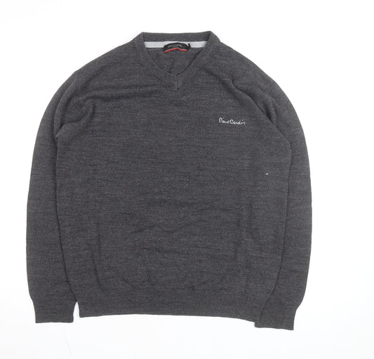 Pierre Cardin Men's Grey Wool Blend V-Neck Jumper Size S