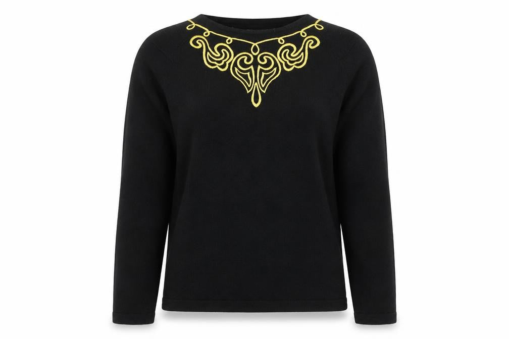 Russ Women Black Petite M Embroidered Wool Blend Jumper Pullover