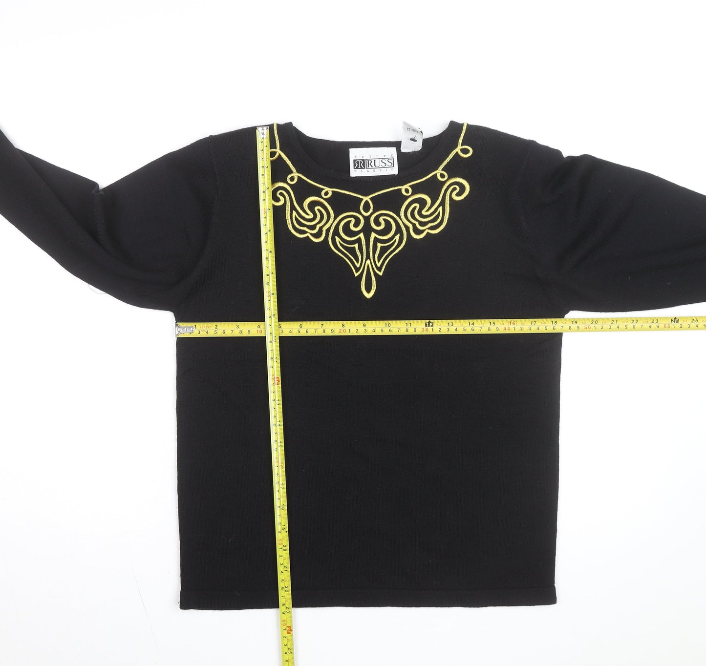 Russ Women Black Petite M Embroidered Wool Blend Jumper Pullover
