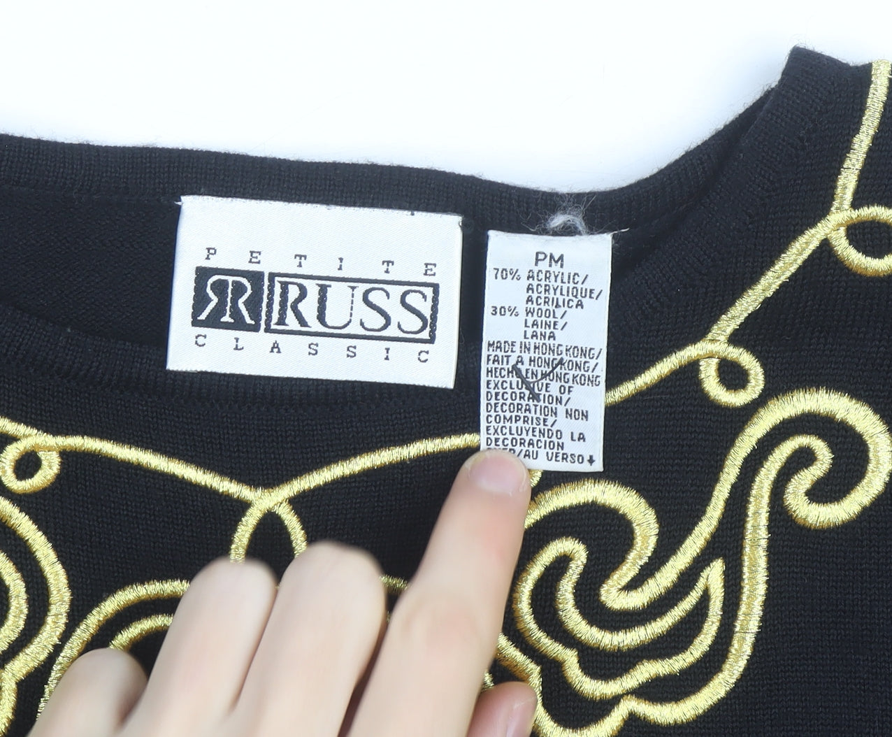 Russ Women Black Petite M Embroidered Wool Blend Jumper Pullover