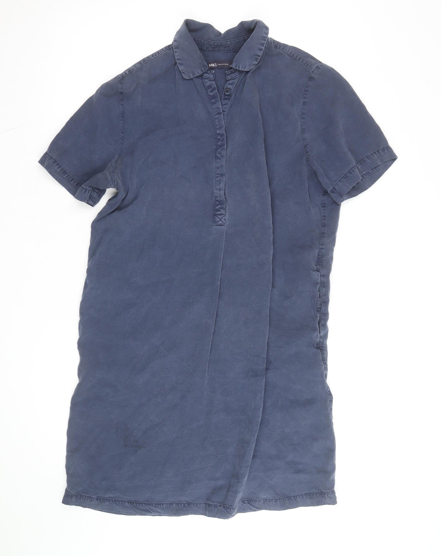 Marks and Spencer Men's Blue Lyocell Short Sleeve Button-Up Shirt L