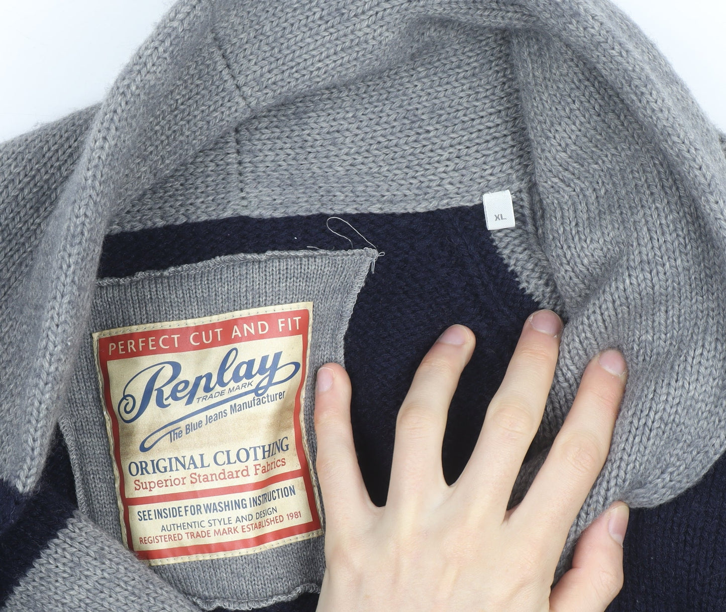 Replay Men's Grey & Navy Wool Blend XL Shawl Collar Cardigan