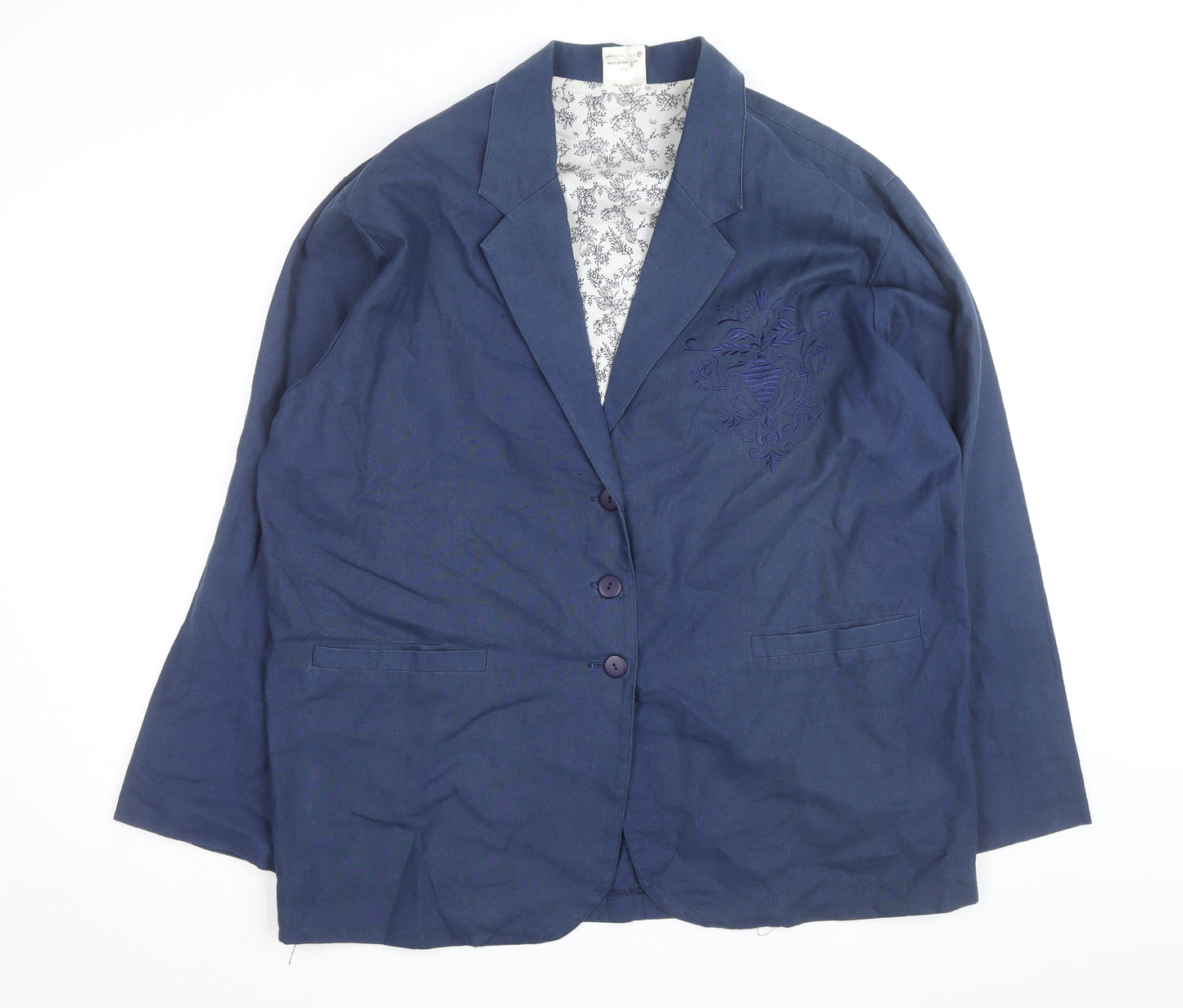 ZONE Women's Blue Embroidered Blazer Jacket Size 18 Linen Blend