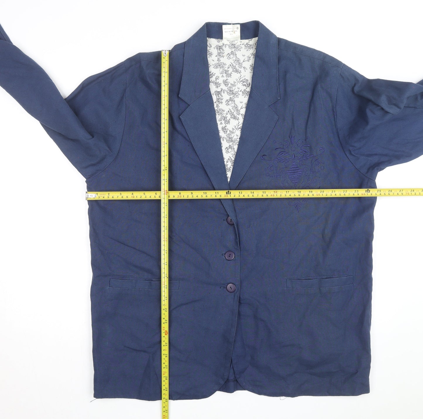 ZONE Women's Blue Embroidered Blazer Jacket Size 18 Linen Blend