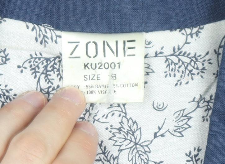 ZONE Women's Blue Embroidered Blazer Jacket Size 18 Linen Blend