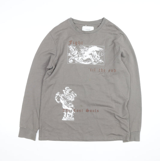 Pray Men’s Grey XS Long Sleeve Gothic Graphic Cotton Top