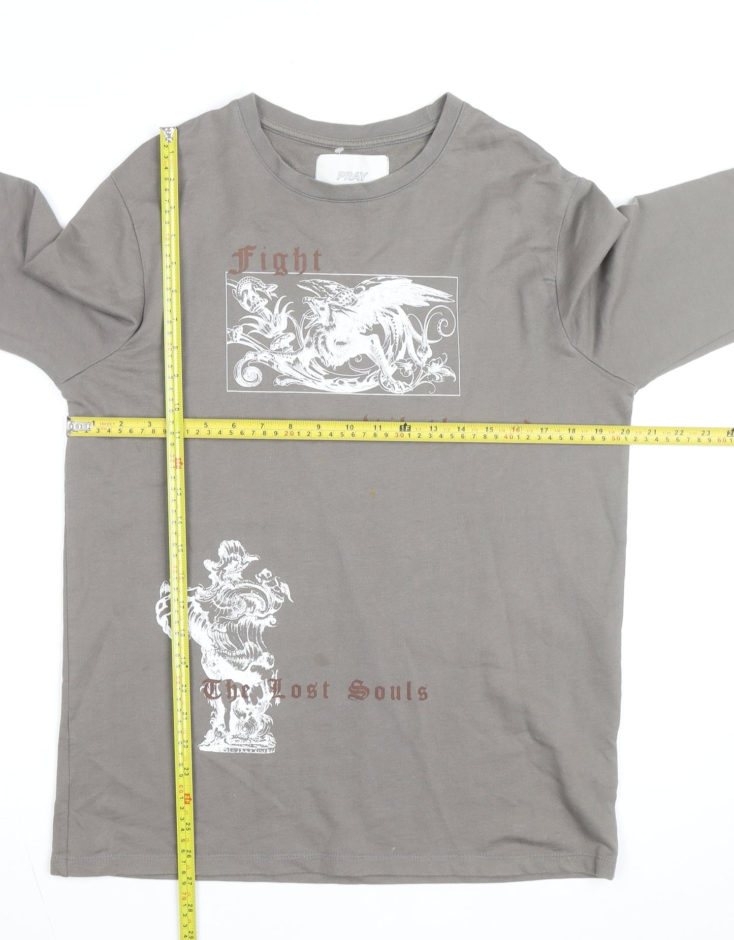 Pray Men’s Grey XS Long Sleeve Gothic Graphic Cotton Top