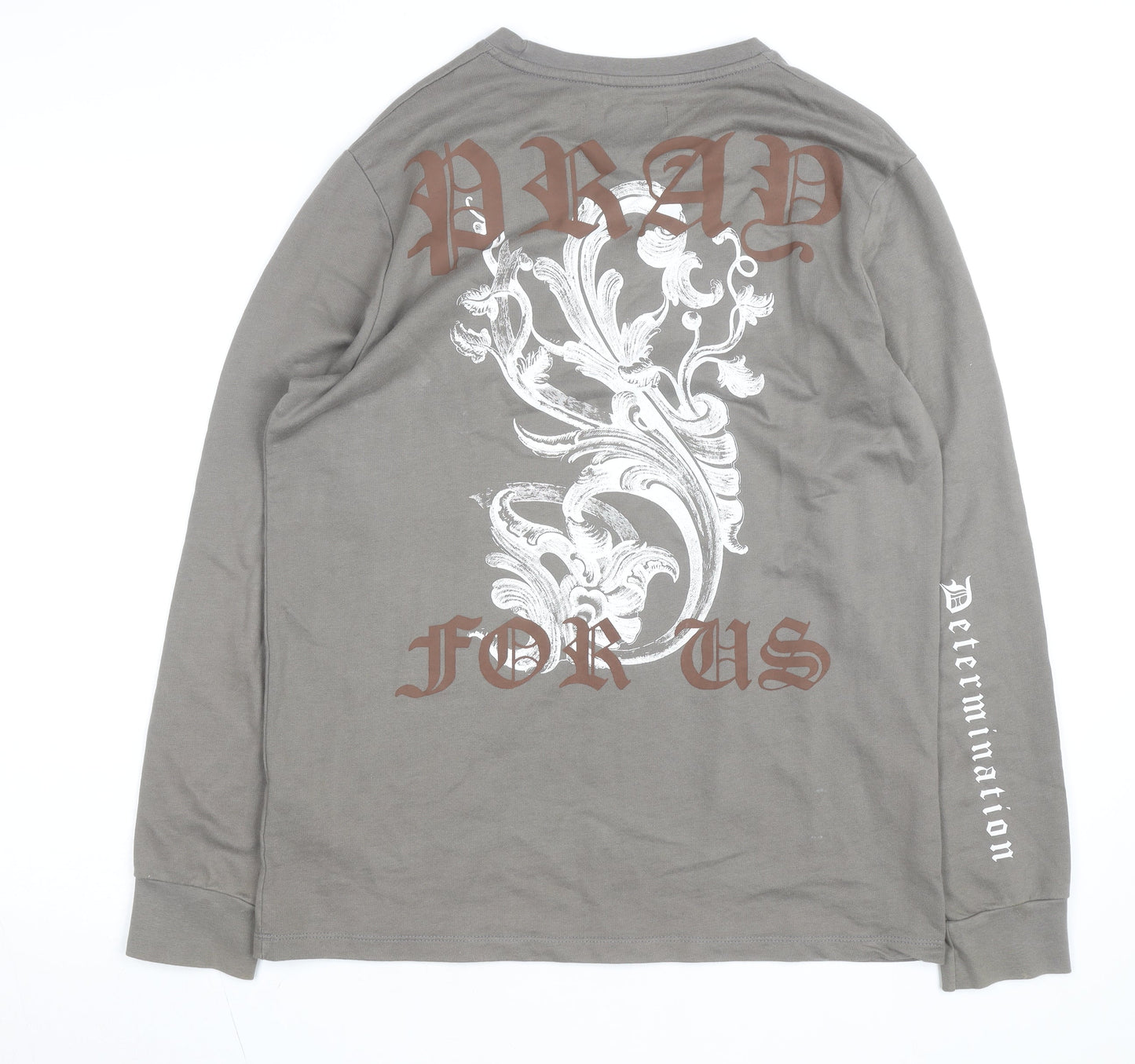 Pray Men’s Grey XS Long Sleeve Gothic Graphic Cotton Top