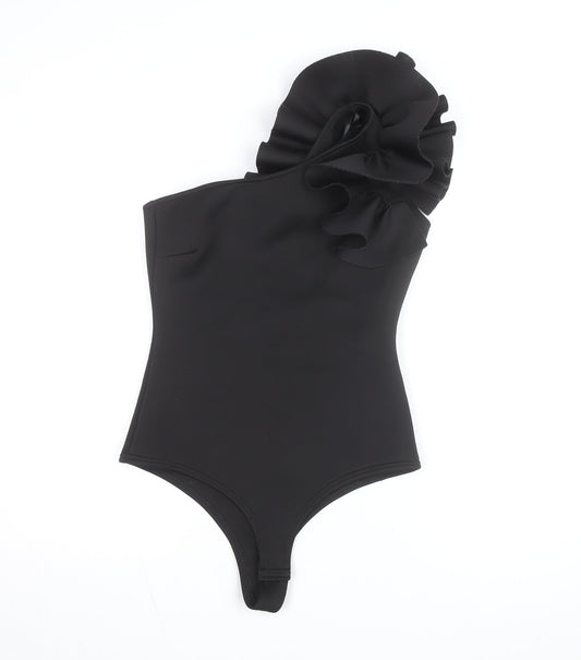 Pink Vanilla Women's Black One-Shoulder Ruffle Swimsuit UK 12