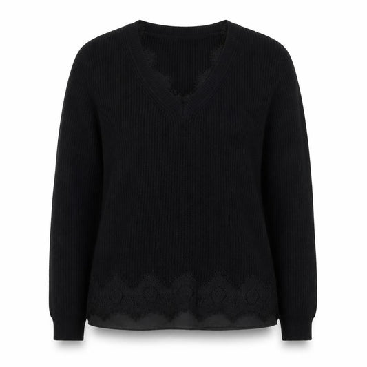 Front view of Roman Women Black V-Neck Lace Hem Long Sleeve jumper, size 12