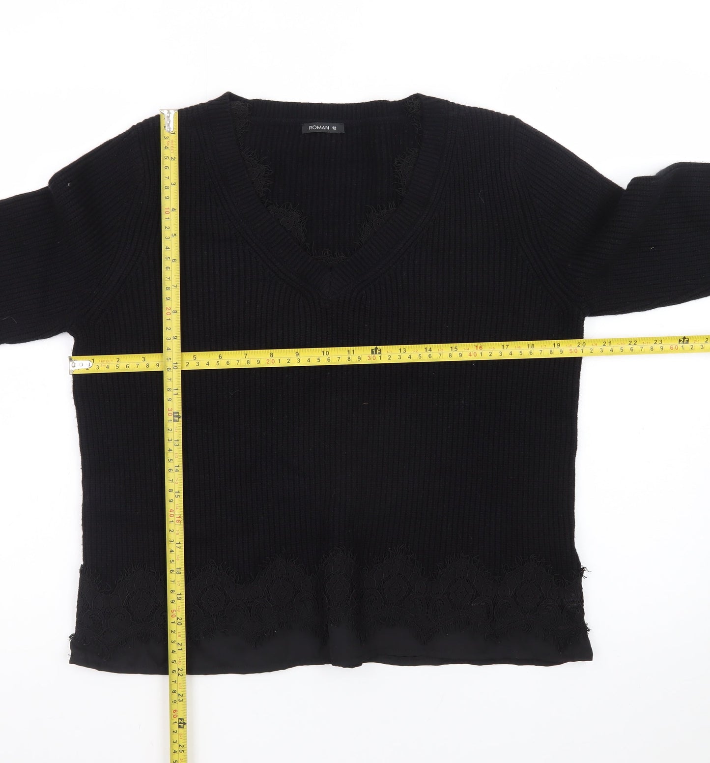 Roman Women Black V-Neck Lace Hem Long Sleeve Pullover Jumper Size 12