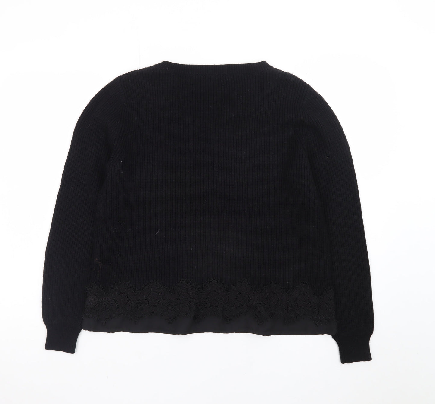 Roman Women Black V-Neck Lace Hem Long Sleeve Pullover Jumper Size 12
