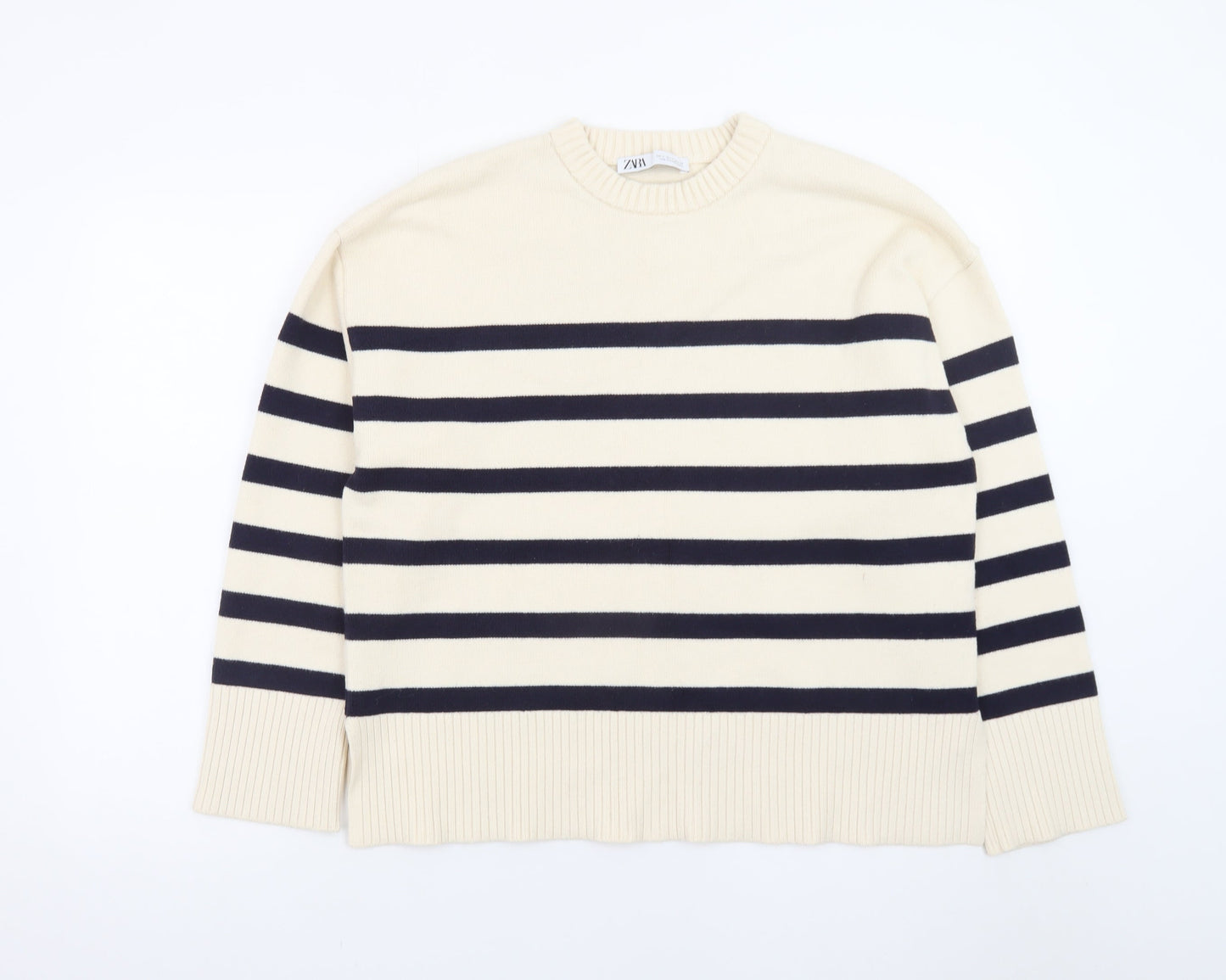 ZARA Womens Beige Striped Crew Neck Cotton Knit Jumper Size 12